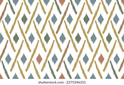 La decoración de Ikat se repite a la perfección. batik moderno y de moda boho azul marrón.bordado folk, . Impresión de ornamento de arte geométrico azteca.Diseño de alfombras, tapicería, revestimientos, tejidos, ropa