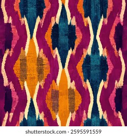 Ikat pattern, in shades of purple and magenta with blue, orange, and yellow geometric shapes. grunge lines ikat pattern, striped seamless pattern, Vector illustration background for print the paper.
