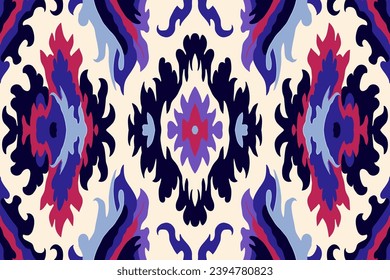 Ikat pattern, Showcases intricate geometric designs, vibrant colors, typical for Central Asian textiles