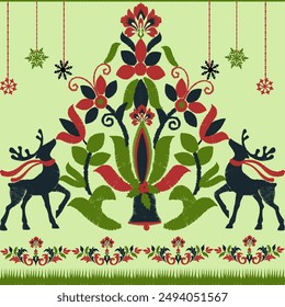 ikat pattern snowfall, snowflakes in Christmas color them . Snow flake and Reindeer elements and abstract flower.  snowflakes flying in the air. Snow flakes, snow and Christmas tree ikat background.