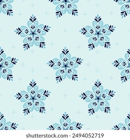 Ikat Muster Schneefall, Schneeflocken in Weihnachtsmusiken Farbe Blau . Viele schneekalte Flocken Elemente und abstrakte Form. Schneeflocken fliegen in der Luft. Schneeflocken, Schnee und Weihnachtsmusiken Ikat Hintergrund.