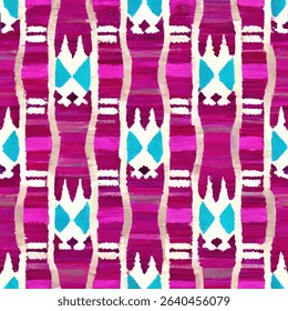 Ikat pattern, stripes, and shapes in magenta, pink, and turquoise with a white background, grunge lines ikat pattern, striped seamless pattern, Vector illustration background for print the paper.