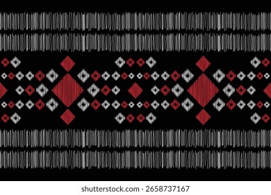 Patrón Ikat Patrón étnico tradicional Patrón ikat patrón de tela estilo geométrico. Fondo de pantalla de fondo negro oriental étnico bordado. Abstractas, Vector, ilustración. Textura, marco, decoración.