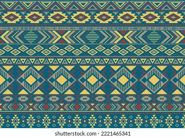 Ikat pattern tribal ethnic motifs geometric seamless vector background. Rich indian tribal motifs clothing fabric textile print traditional design with triangle and rhombus shapes.