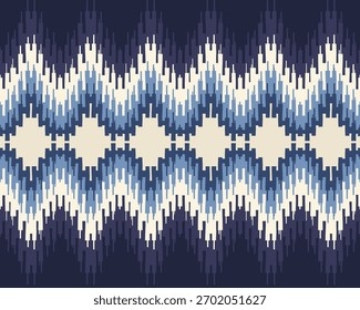 Ikat pattern.Chevron shape on indigo background.Geometric shape.Blue pattern.Zigzag pattern.Seamless.Triangle shape.Digital design.Illustration.Line.Design for skirt.Clothes.Carpet.Printing. Knitting