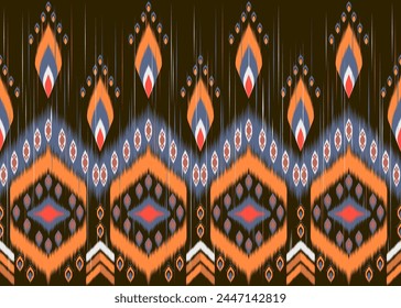 Ikat pattern.Diamond shape on brown background.Geometric shape.Brown pattern.Zigzag.Seamless.Triangle shape.DIgital design.Woven.Illustration.Red.Line.Design for clothes.Scarf.Dress.Printing.Knitted