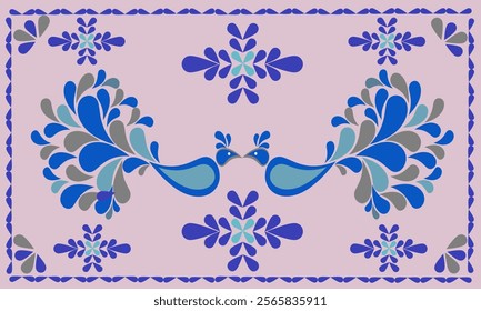 Ikat and peacock floral embroidery on purple background. Traditional geometric oriental ethnic pattern. Abstract vector illustration. Design for texture, fabric, clothing, wrapping and textile.