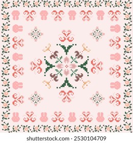 Ikat pixel art cross stitch geometric abstract embroidery elements seamless pattern. Perfect geometry decorative design for fabric, tablecloth, wallpaper, ceramic, mosaic, background, texture, textile