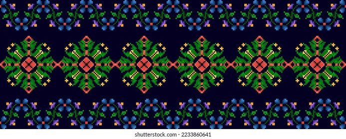 Ikat pixel art ethnic seamless pattern decoration design. Aztec fabric carpet boho mandalas textile decor wallpaper. Tribal native motif geometric floral African American traditional embroidery vector