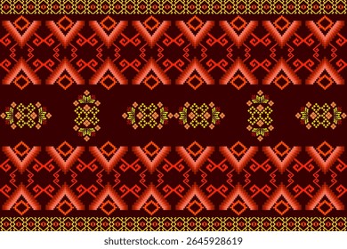 Ikat pixel cross stitch embroidery oriental traditional seamless on green background pattern. Native decorative geometry design for fabric, decoration, element, ceramic, border decor, illustration