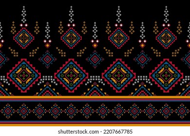 Diseño de decoración de hogar con patrones de píxel de ikat étnicos sin fisuras. Moqueta de tela azteca con mandalas en la decoración textil papel tapiz. Motif indígena tribal decorativo fondo vectorial de bordado tradicional 