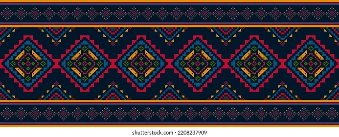 Ikat pixel ethnic seamless pattern home decoration design. Aztec fabric carpet boho mandalas textile decor wallpaper. Tribal native motif decorative traditional embroidery vector background 