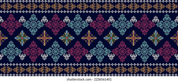 Ikat Pixel ethnische nahtlose Muster Dekoration Design. Aztekteppich boho mandalas Stofftapeten. Stammes einheimisches Motiv-Ornamente afrikanischer Folk-Tradition.