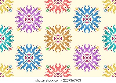 Ikat pixel ethnic seamless pattern decoration design. Aztec fabric carpet boho mandalas textile decor wallpaper. Tribal native motif ornaments African American folk traditional embroidery vector .