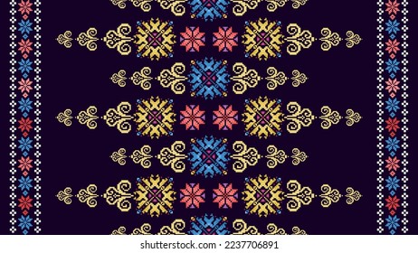 Ikat pixel ethnic seamless pattern decoration design. Aztec fabric carpet boho mandalas textile decor wallpaper. Tribal native motif ornaments African American folk traditional embroidery vector .