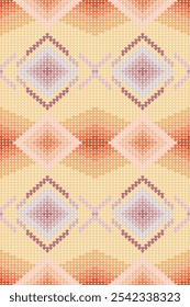 Ikat pixel geometric pastel abstract oriental decoration seamless pattern. Perfect embroidery design for fabric, knitting, knitwear, sweater, clothing, embroidery, ornament, texture, textile, fashion