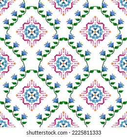 Ikat pixel paisley diseño de decoración de patrones sin costura. El motivo tribal nativo adorna el fondo vectorial de bordado tradicional. Moqueta de tela azteca boho mandalas decoración textil diseño de papel pintado 