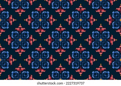 Ikat pixel paisley ethnic seamless pattern decoration design. Tribal native motif ornaments traditional embroidery vector background. Aztec fabric carpet boho mandalas textile decor wallpaper design 