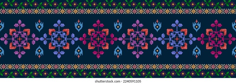 Ikat pixel paisley ethnic seamless pattern decoration design. Aztec fabric carpet boho mandalas textile wallpaper. Tribal native motif ornaments African American folk traditional embroidery vector 