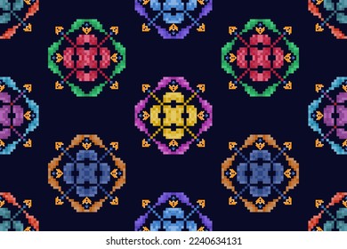 Ikat pixel paisley ethnic seamless pattern decoration design. Aztec fabric carpet boho mandalas textile wallpaper. Tribal native motif ornaments African American folk traditional embroidery vector 