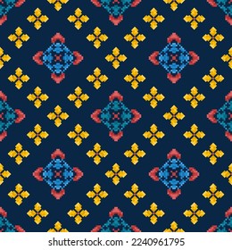 Ikat pixel paisley ethnic seamless pattern decoration design. Aztec fabric carpet boho mandalas textile wallpaper. Tribal native motif ornaments African American folk traditional embroidery vector 
