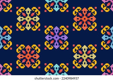 Ikat pixel paisley ethnic seamless pattern decoration design. Aztec fabric carpet boho mandalas textile wallpaper. Tribal native motif ornaments African American folk traditional embroidery vector 