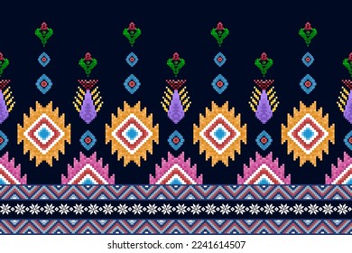 Ikat pixel paisley ethnic seamless pattern decoration design. Aztec fabric carpet boho mandalas textile wallpaper. Tribal native motif ornaments African American folk traditional embroidery vector 