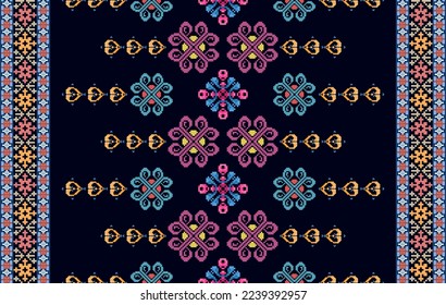 Ikat pixels art ethnic seamless pattern design. Tribal boho carpet african american native ornaments turkish India traditional embroidery vector.  Aztec fabric motif folklore textile wallpaper 