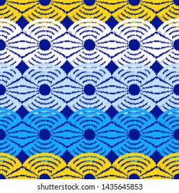 Ikat. Polka dots seamless pattern. Multicolored. Ethnic print. Boho. Simple design. Vector geometric background. Can be used in printing, textile, wrapping, web-design.