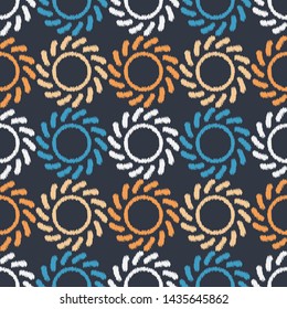 Ikat. Polka dots seamless pattern. Multicolored. Ethnic print. Boho. Simple design. Vector geometric background. Can be used in printing, textile, wrapping, web-design.