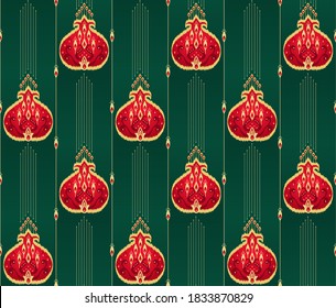 Ikat, estilización granada de frutas en un patrón vectorial en colores verde y rojo.
