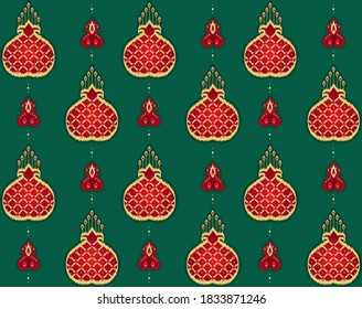 Ikat, pomegranate fruit stylization in a vector pattern in green and red colors.