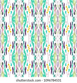 Ikat print in modern style, shibori fabric design. Tribal ethnic seamless pattern. Vintage endless repeat ornament. Traditional folk ikat texture. Vector watercolor paint splash background.
