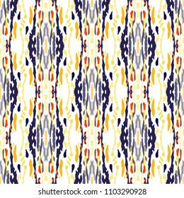 Ikat print in modern style, shibori fabric design. Tribal ethnic seamless pattern. Vintage endless repeat ornament. Traditional folk ikat texture. Vector watercolor paint splash background.