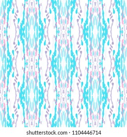Ikat print in modern style, shibori fabric design. Tribal ethnic seamless pattern. Vintage endless repeat ornament. Traditional folk ikat texture. Vector watercolor paint splash background.