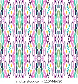 Ikat print in modern style, shibori fabric design. Tribal ethnic seamless pattern. Vintage endless repeat ornament. Traditional folk ikat texture. Vector watercolor paint splash background.