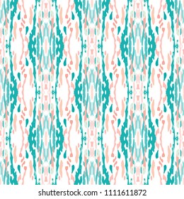 Ikat print in modern style, shibori fabric design. Tribal ethnic seamless pattern. Vintage endless repeat ornament. Traditional folk ikat texture. Vector watercolor paint splash background.
