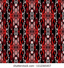 Ikat print in modern style, shibori fabric design. Tribal ethnic seamless pattern. Vintage endless repeat ornament. Traditional folk ikat texture. Vector watercolor paint splash background.