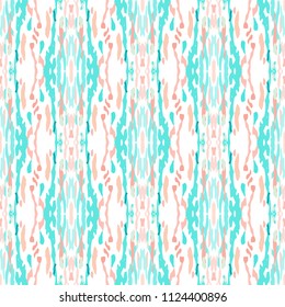 Ikat print in modern style, shibori fabric design. Tribal ethnic seamless pattern. Vintage endless repeat ornament. Traditional folk ikat texture. Vector watercolor paint splash background.