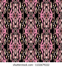 Ikat print in modern style, shibori fabric design. Tribal ethnic seamless pattern. Vintage endless repeat ornament. Traditional folk ikat texture. Vector watercolor paint splash background.