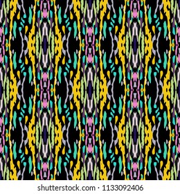 Ikat print in modern style, shibori fabric design. Tribal ethnic seamless pattern. Vintage endless repeat ornament. Traditional folk ikat texture. Vector watercolor paint splash background.