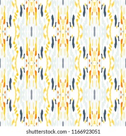 Ikat print in modern style, shibori fabric design. Tribal ethnic seamless pattern. Vintage endless repeat ornament. Traditional folk ikat texture. Vector watercolor paint splash background.