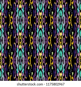 Ikat print in modern style, shibori fabric design. Tribal ethnic seamless pattern. Vintage endless repeat ornament. Traditional folk ikat texture. Vector watercolor paint splash background.