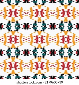 Ikat print Seamless geometric pattern, based on ikat fabric style. Vector illustration. Oriental rug pattern, in orange red green and white
