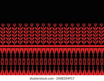 Ikat red cloth pattern on black with stripes pixel handicraft embroidery machine crochet Abstract Aztec symbol illustration geometric shape vector pattern Ethic native tribal background backdrop