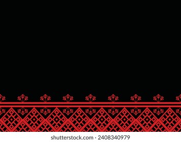 Ikat red cloth pattern on black with stripes pixel handicraft embroidery machine crochet Abstract Aztec symbol illustration geometric shape vector pattern Ethic native tribal background backdrop 