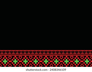 Ikat red cloth pattern on black with stripes pixel handicraft embroidery machine crochet Abstract Aztec symbol illustration geometric shape vector pattern Ethic native tribal background backdrop 