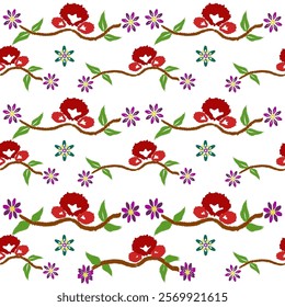 The Ikat red flower pattern on a white background adds a vibrant, traditional touch, perfect for fashion, home decor, and accessories like bags and table linens.