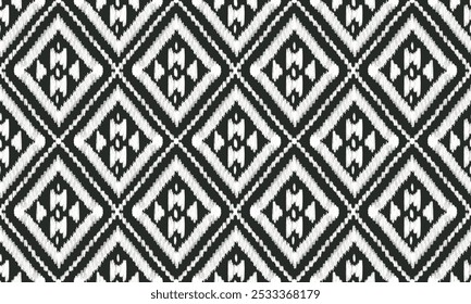 Ikat, Resist dyeing yarn, geometric shapes, bold colors. Repeating diamond pattern with central motif. Often used in textiles like scarves, rugs, and clothing.