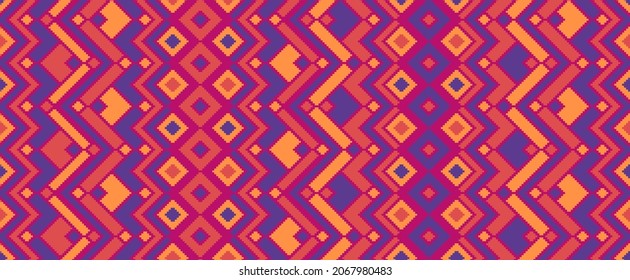 Ikat rhombus ethnic tribal motifs vector geometric pattern. Mosaic chevron texture pagan ornament. Carpet repeat pattern. Fashion oriental ornament. Cute background.